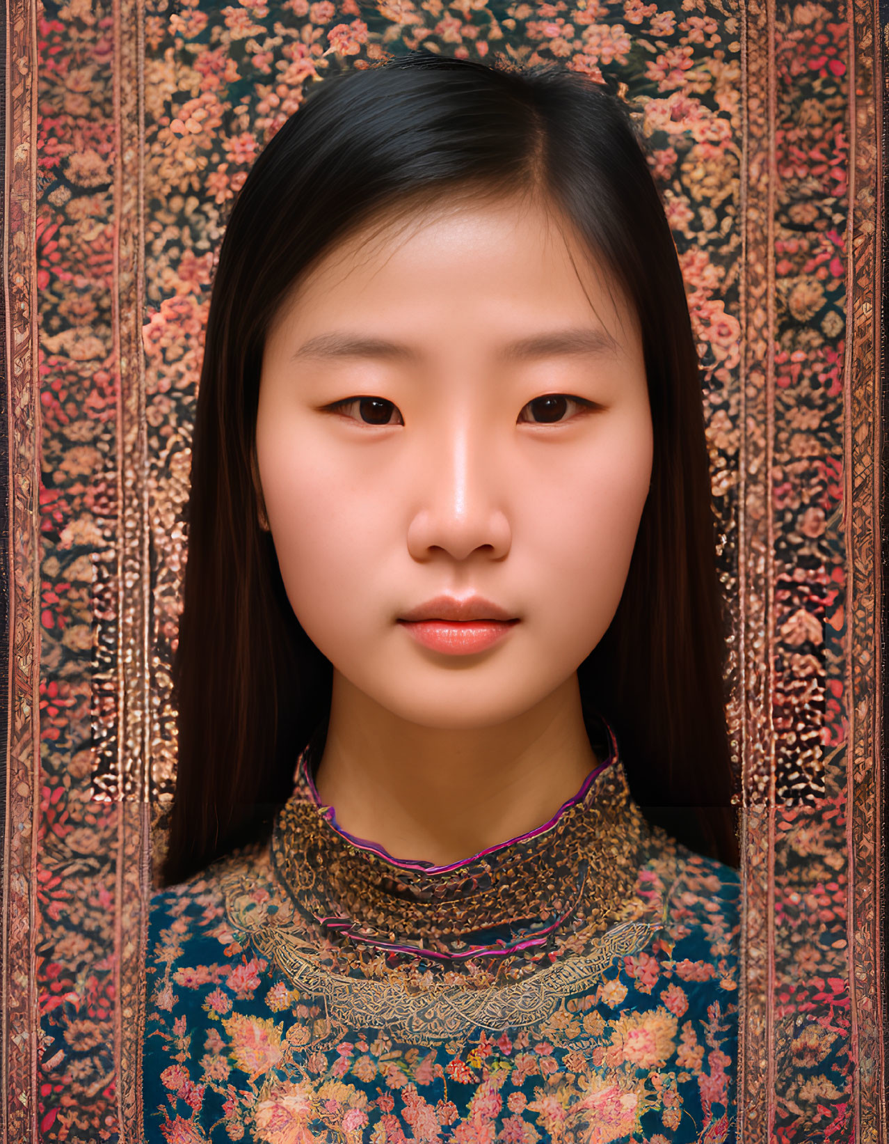 Young woman in traditional attire with straight black hair on floral background