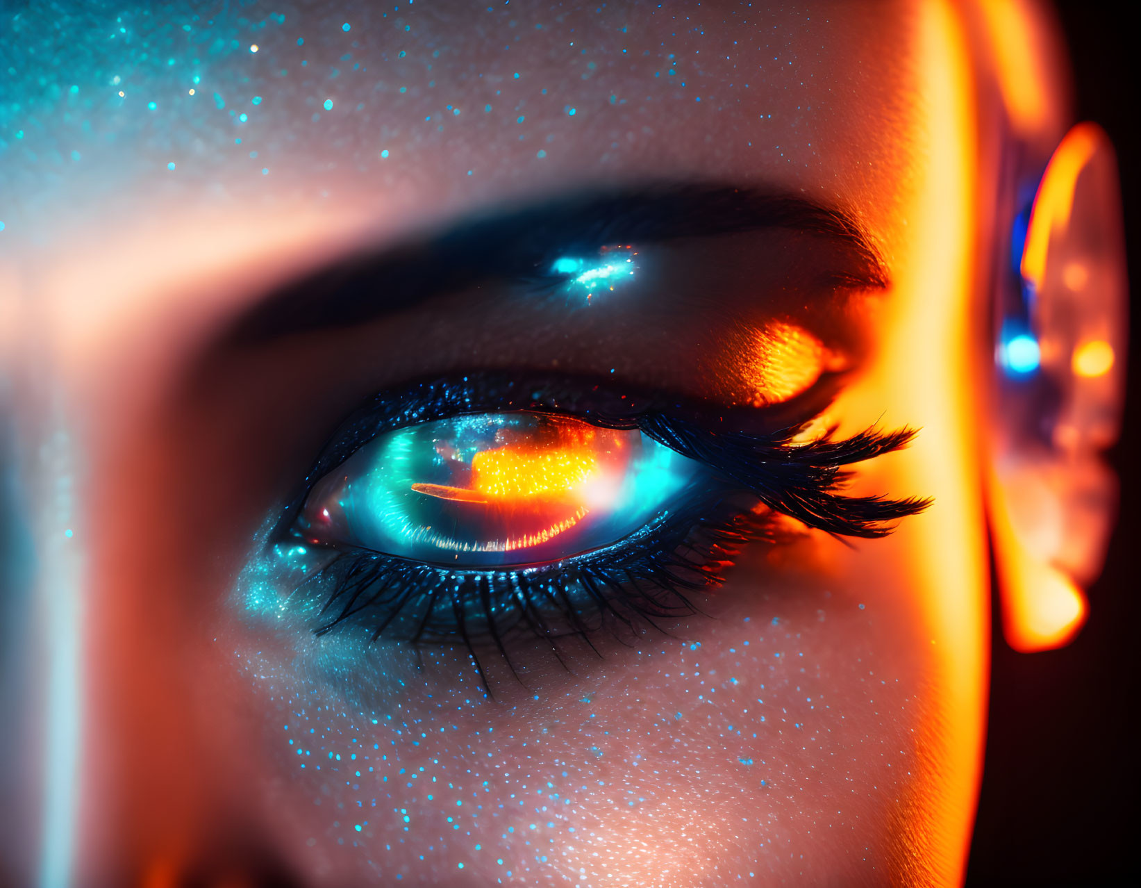 Vibrant neon makeup on eye with sparkling skin and reflective iris.