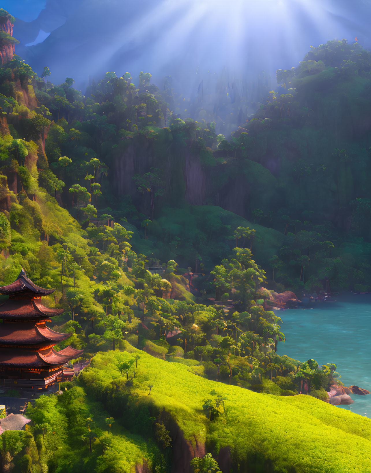 Traditional pagoda in lush green hills under radiant sunrays in serene landscape