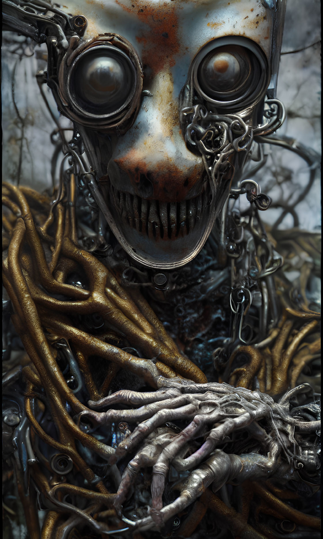 Robotic Figure with Round Eyes and Metallic Skull