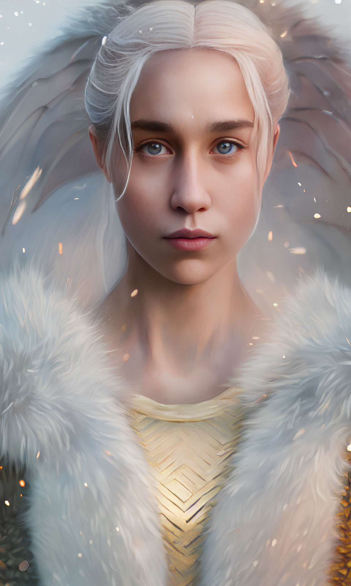 Portrait of Person with White Hair, Blue Eyes, Fur Coat, and Gold Armor in Glowing Lights