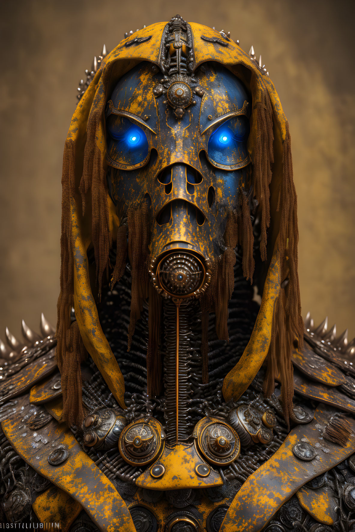 Detailed humanoid robotic figure with glowing blue eyes and metal plates, spikes, brown fabric.