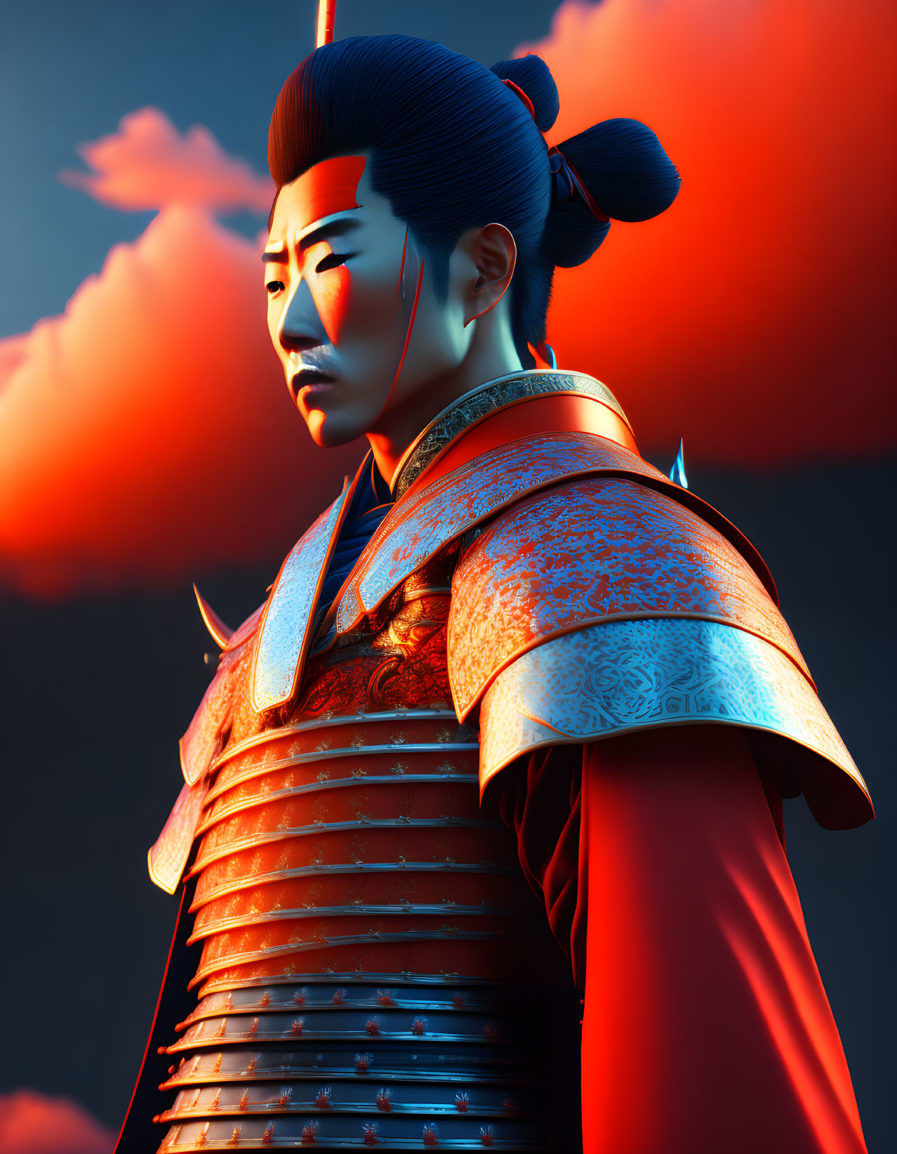 Samurai in traditional armor against red sky and clouds