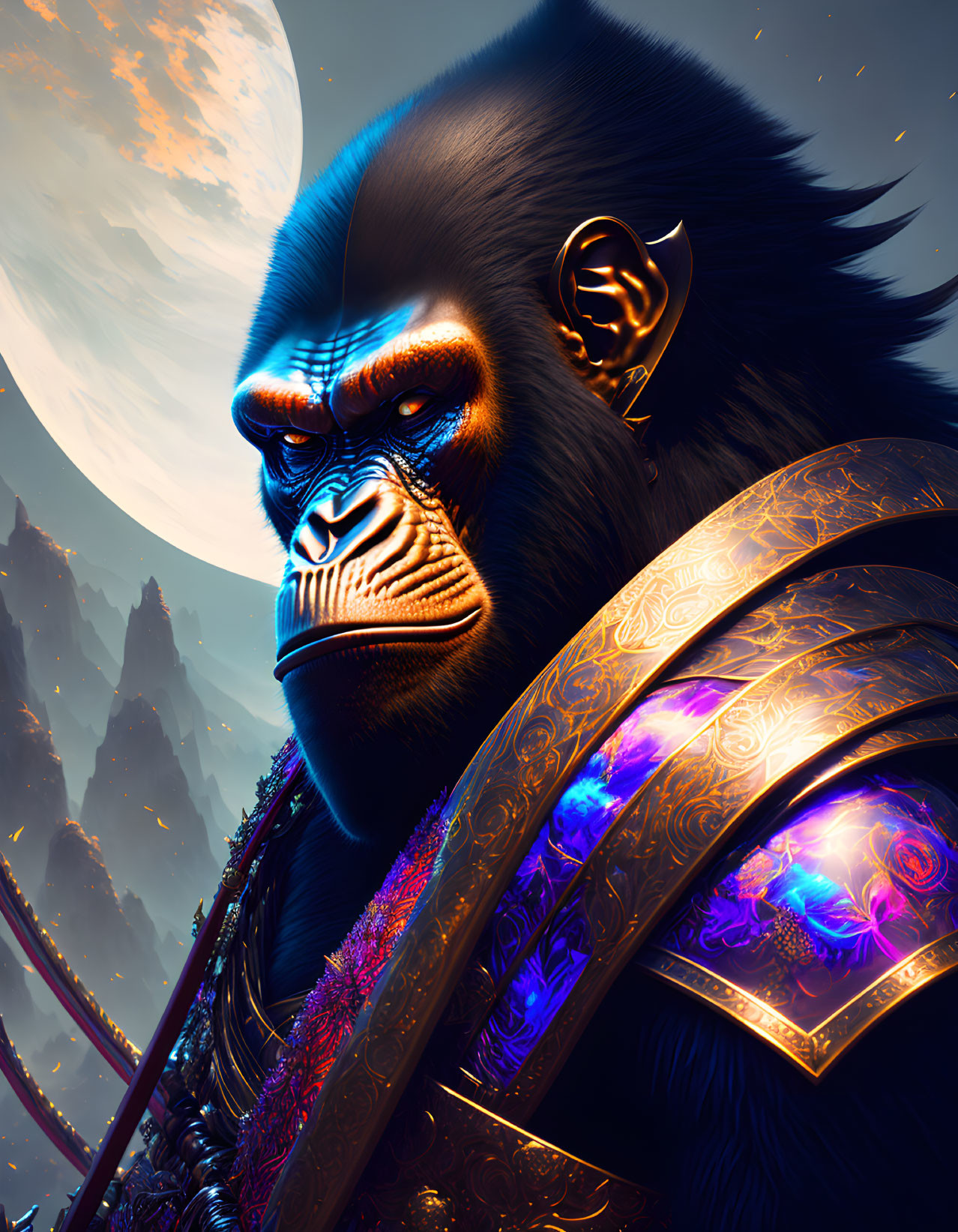 Detailed digital art of formidable gorilla warrior in ornate armor with blue aura, mountains, and large