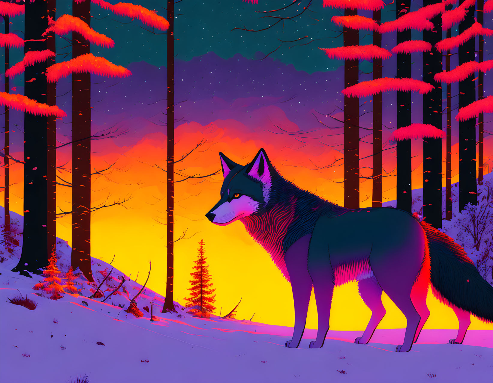 Detailed Wolf in Snowy Woods with Sunset Sky