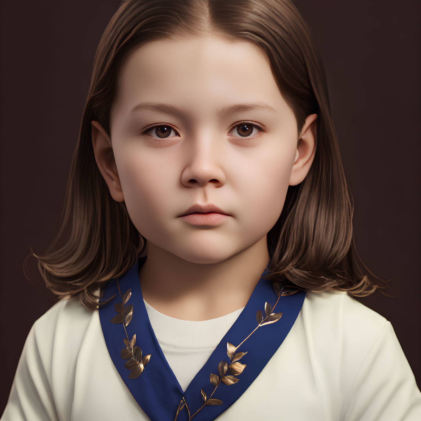 Digital portrait of young girl with medium-length hair in white top and blue scarf with golden laurel-like