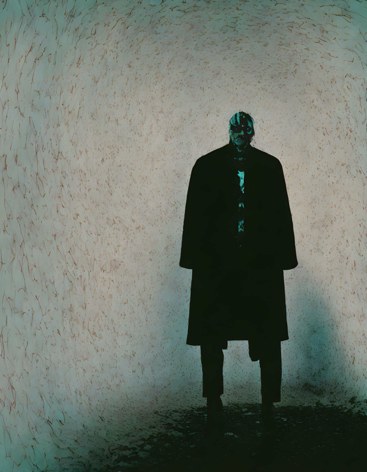 Mysterious Figure in Dark Overcoat Against Textured Backdrop