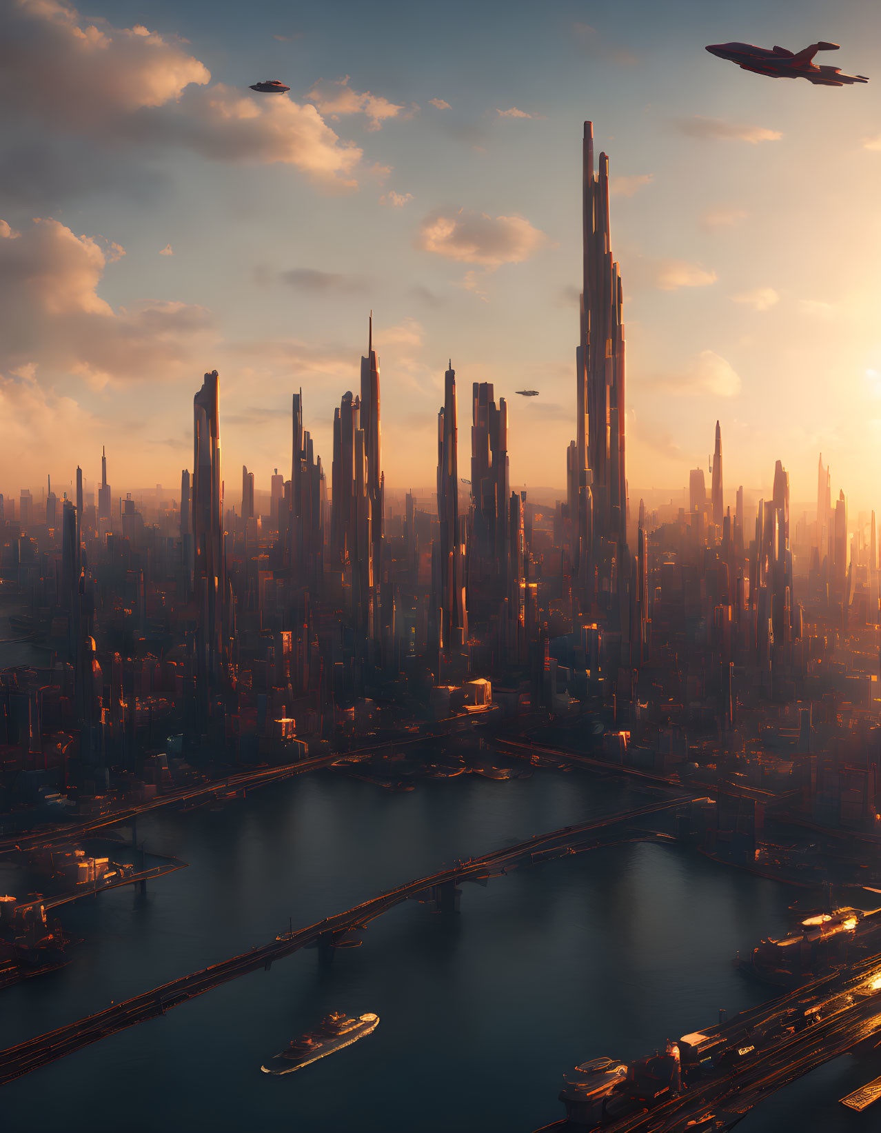 Futuristic cityscape at sunset: skyscrapers, river, flying vehicles