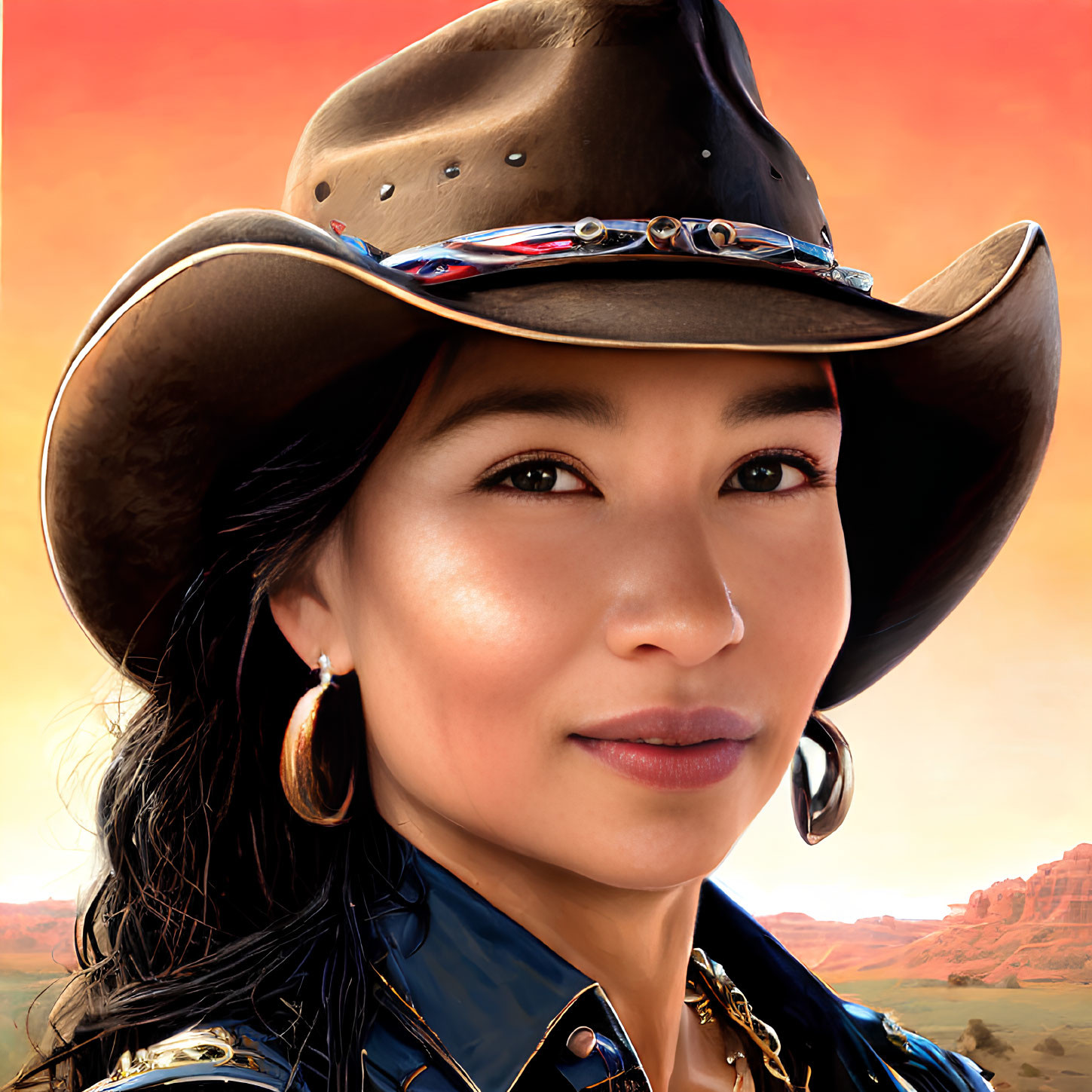 Cowboy hat woman portrait in western attire against sunset sky