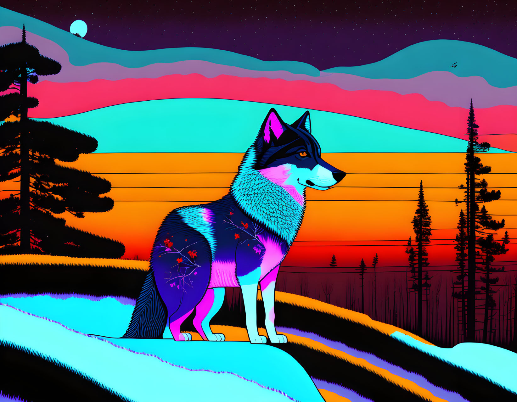 Vibrant digital artwork: Wolf with starry fur on snowy hill at sunset