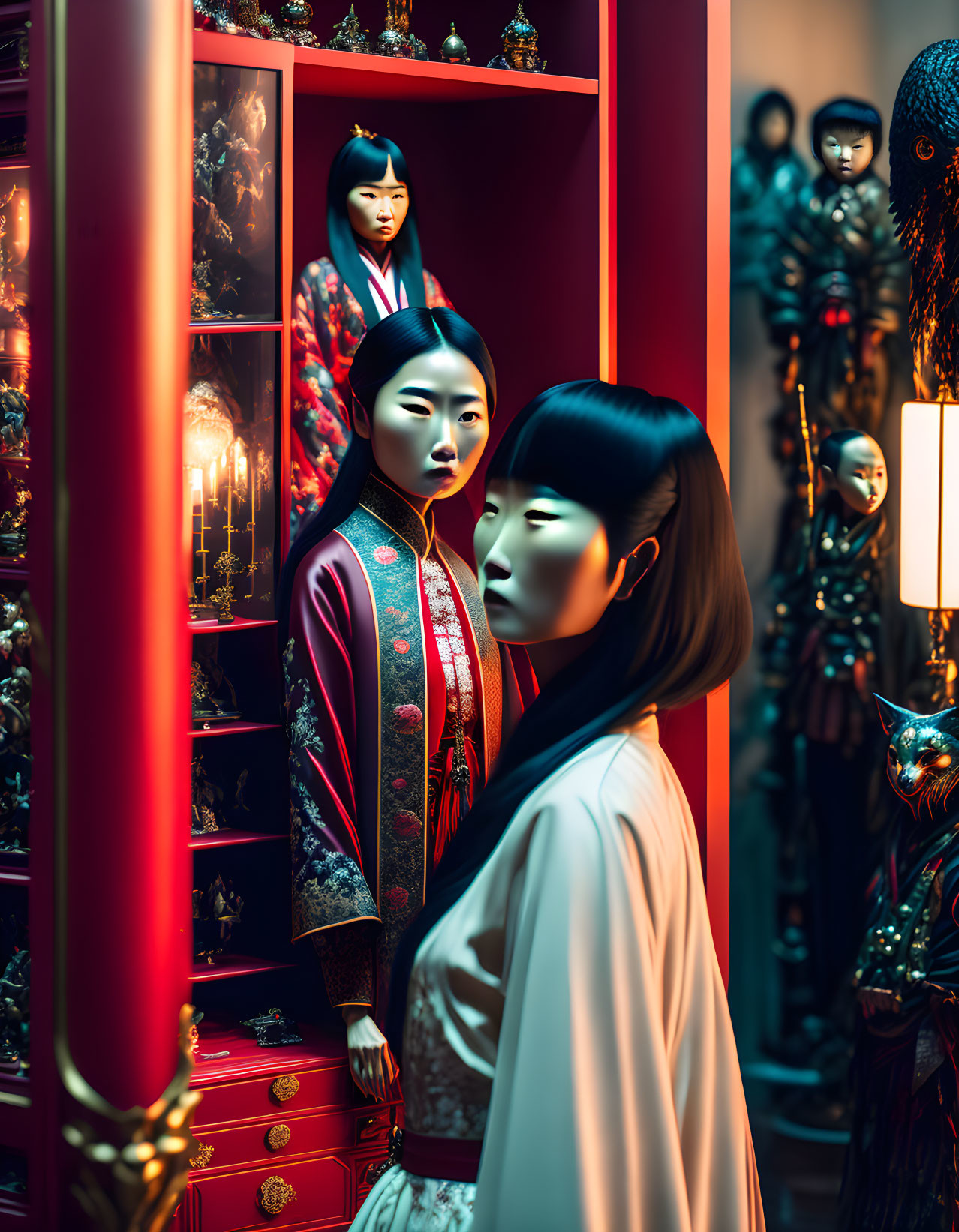 Traditional Asian attire person surrounded by mannequins on red backdrop