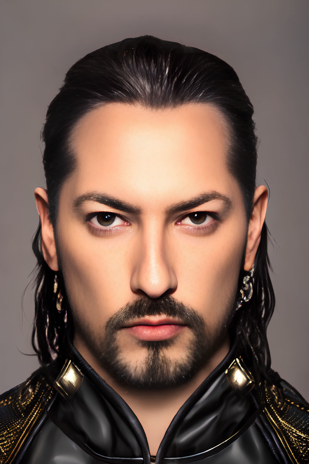 Intense man with dark hair and leather jacket portrait