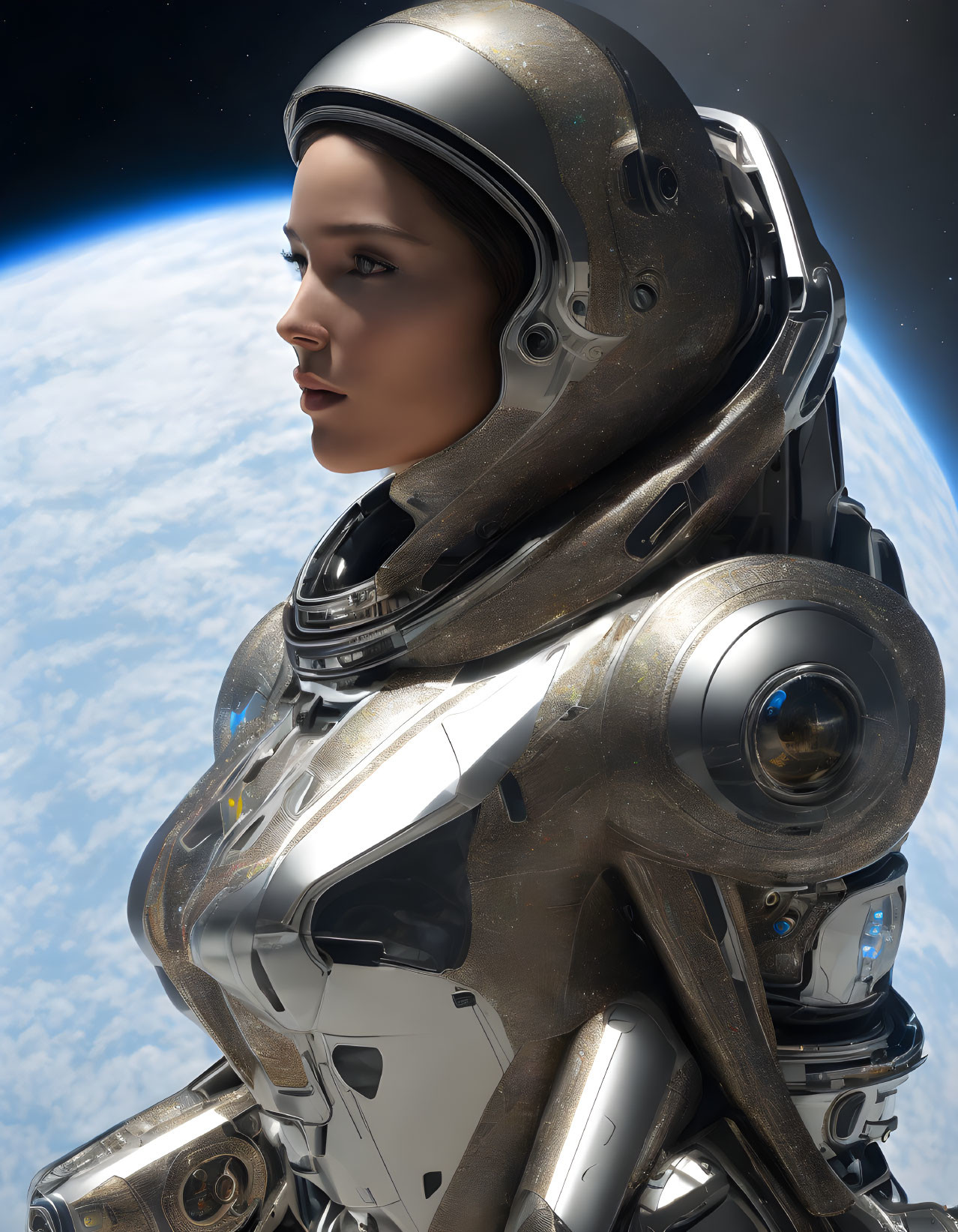 Female astronaut in futuristic space suit with Earth's horizon.