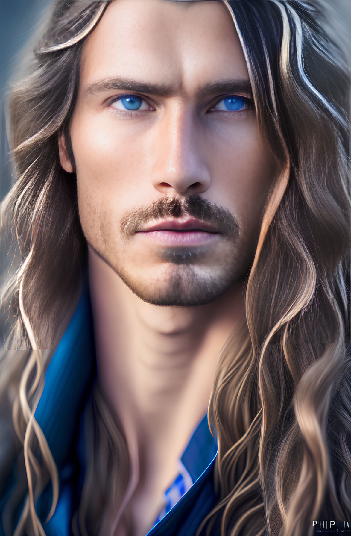 Portrait of a man with blue eyes, long hair, mustache, and goatee