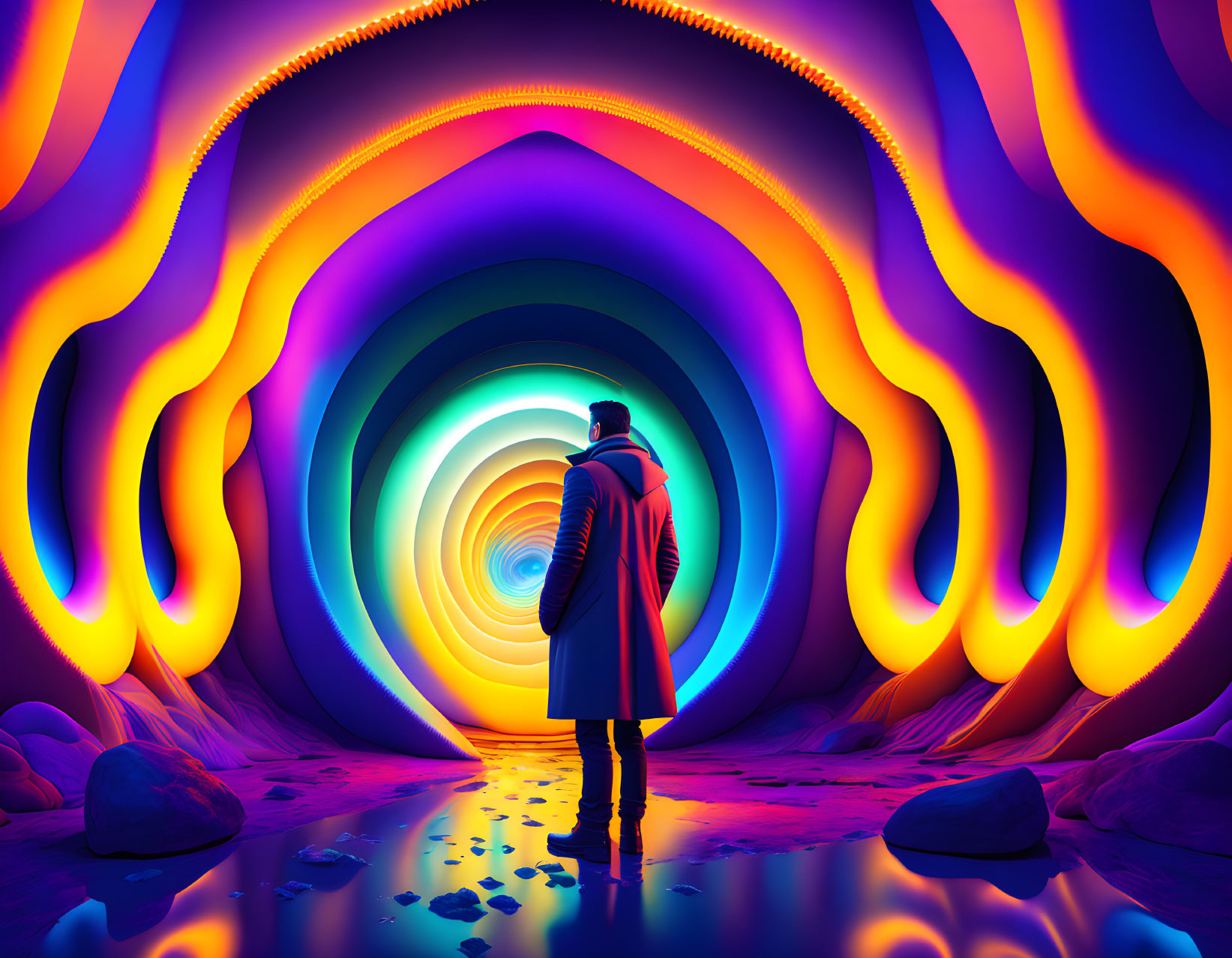 Vibrant neon-lit tunnel with concentric circular patterns reflected on water's surface