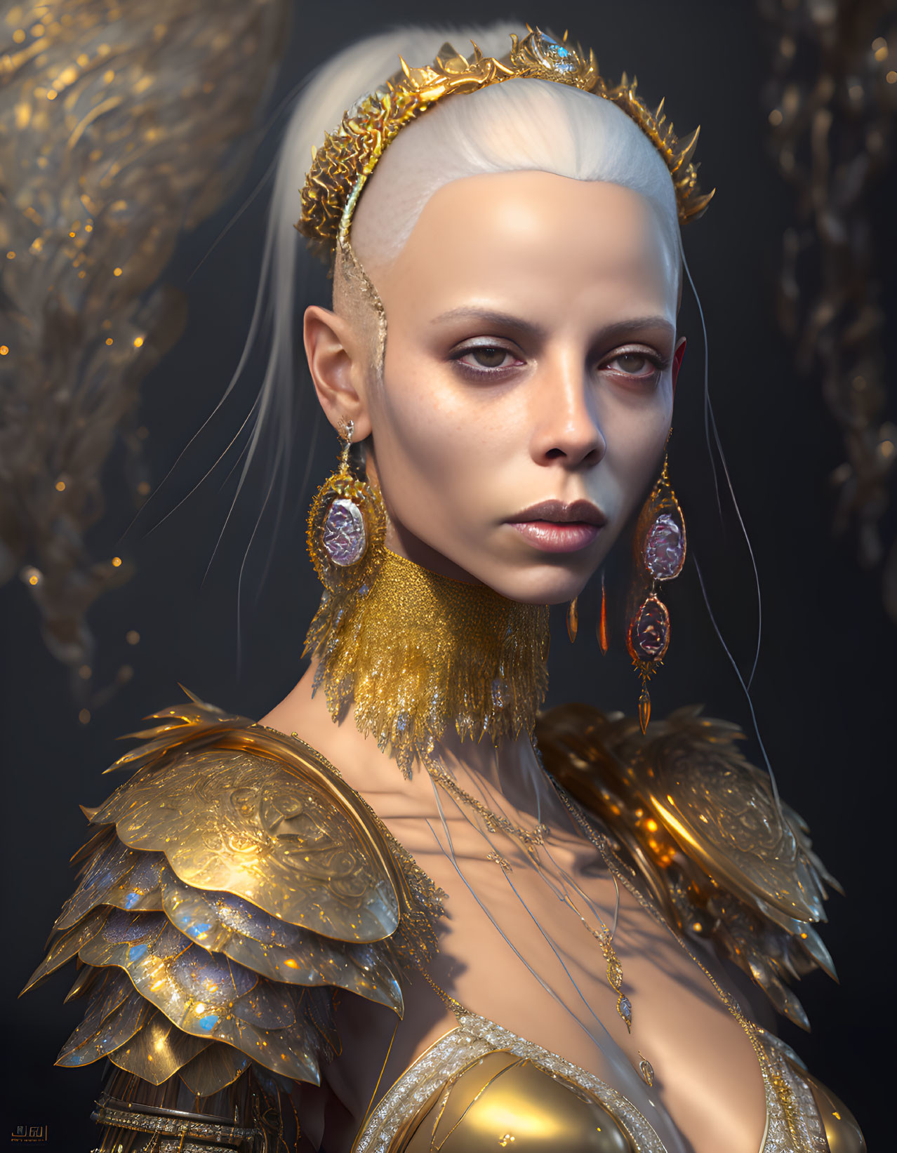 Regal Figure in Golden Armor and Jewelry on Muted Background