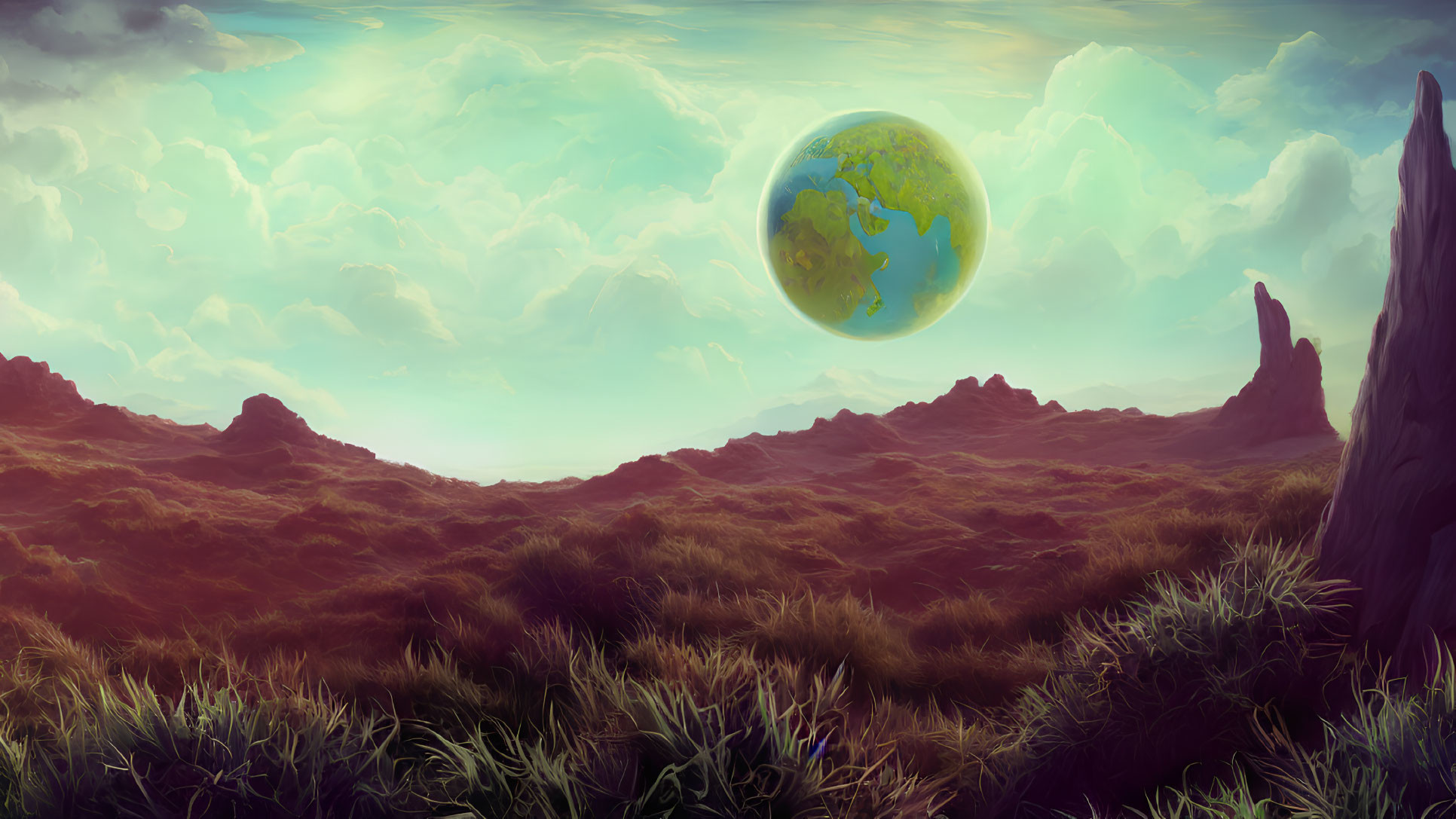 Surreal landscape with green terrain and large distant planet