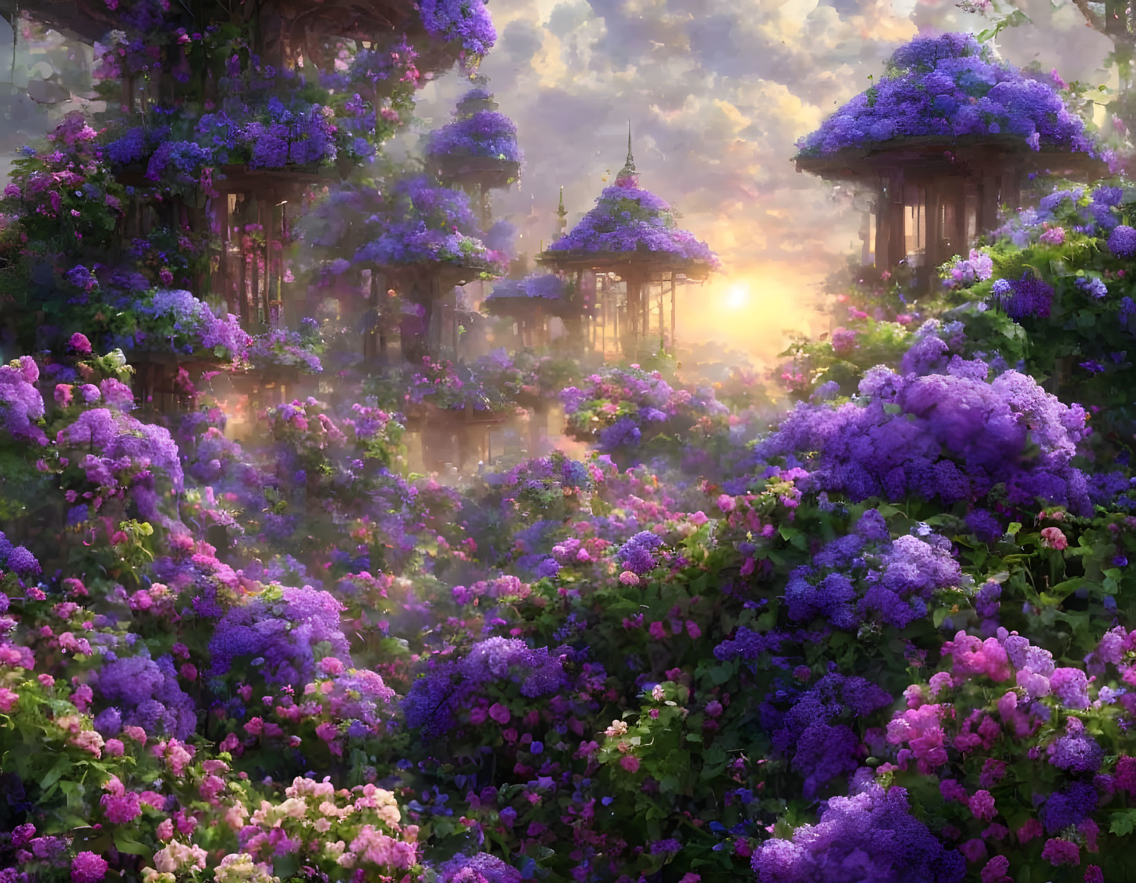 Fantasy landscape: treehouses, purple flowers, warm sunset glow