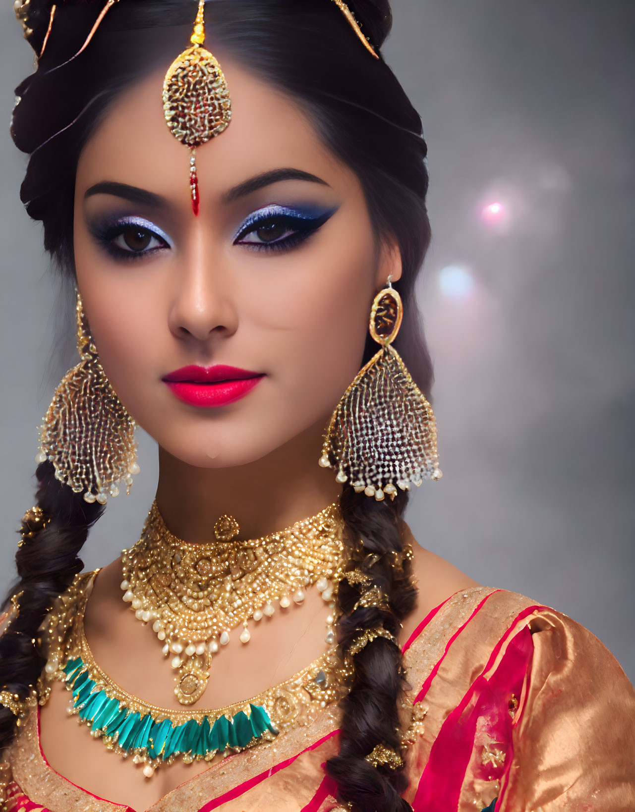 Traditional Indian Attire with Elaborate Gold Jewelry and Vibrant Makeup