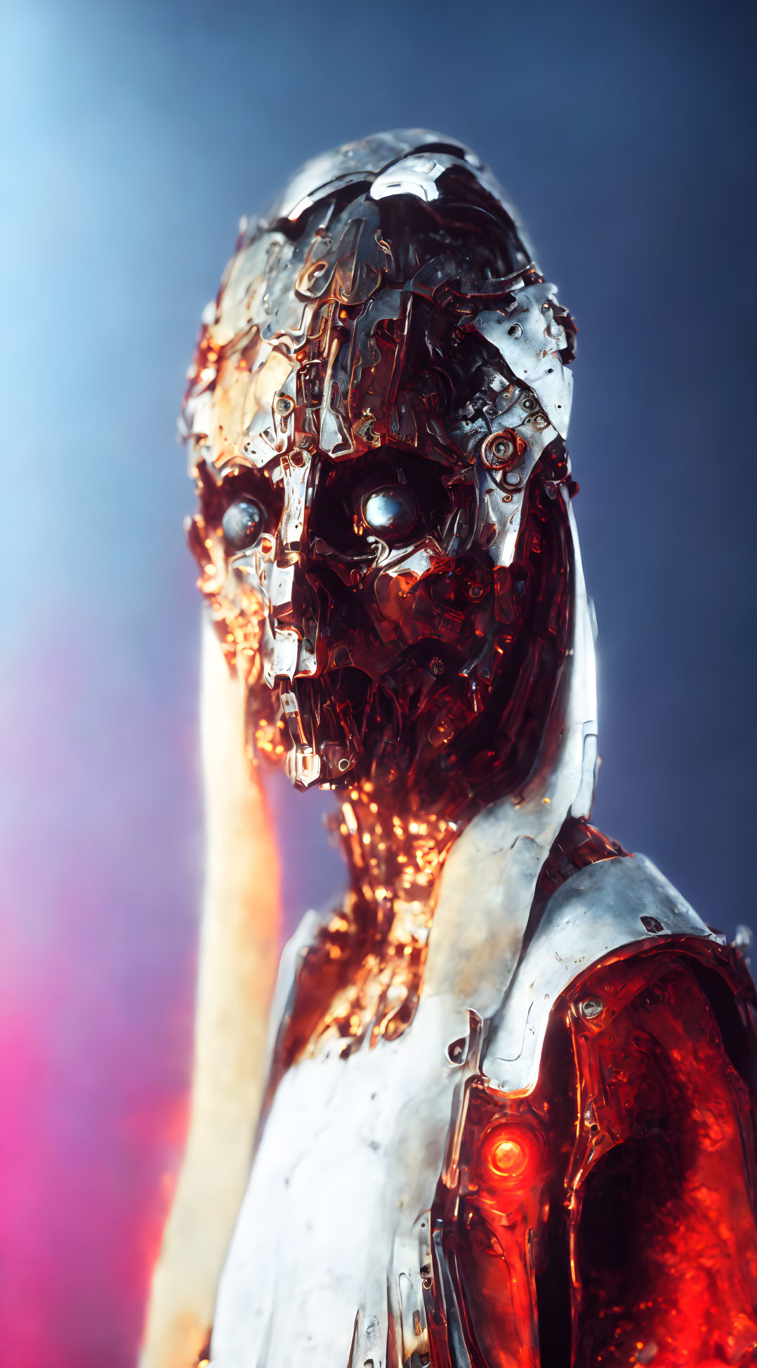 Detailed Human-Like Robot on Blue and Red Gradient Background