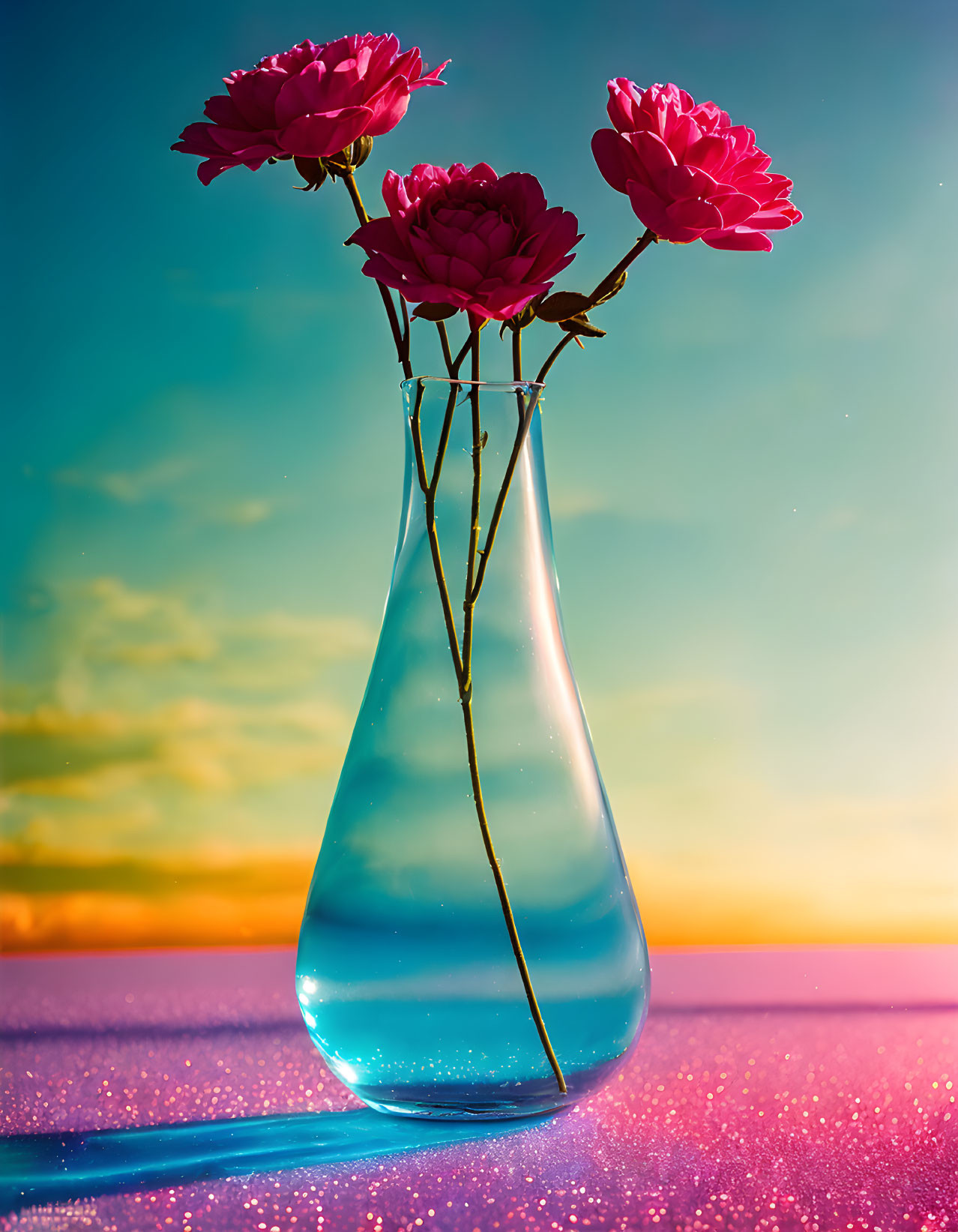 Pink Roses in Teardrop Vase on Sunset Sky Background