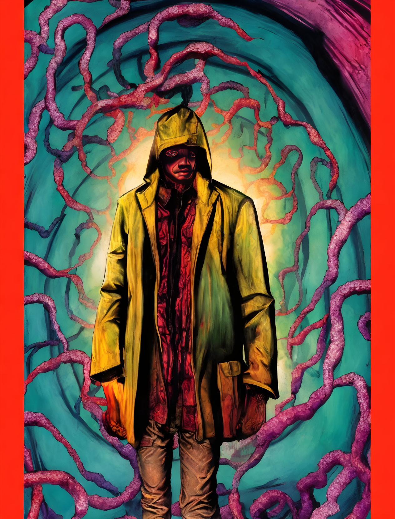 Person in Yellow Hooded Coat with Dark Glasses Against Surreal Red and Purple Branches