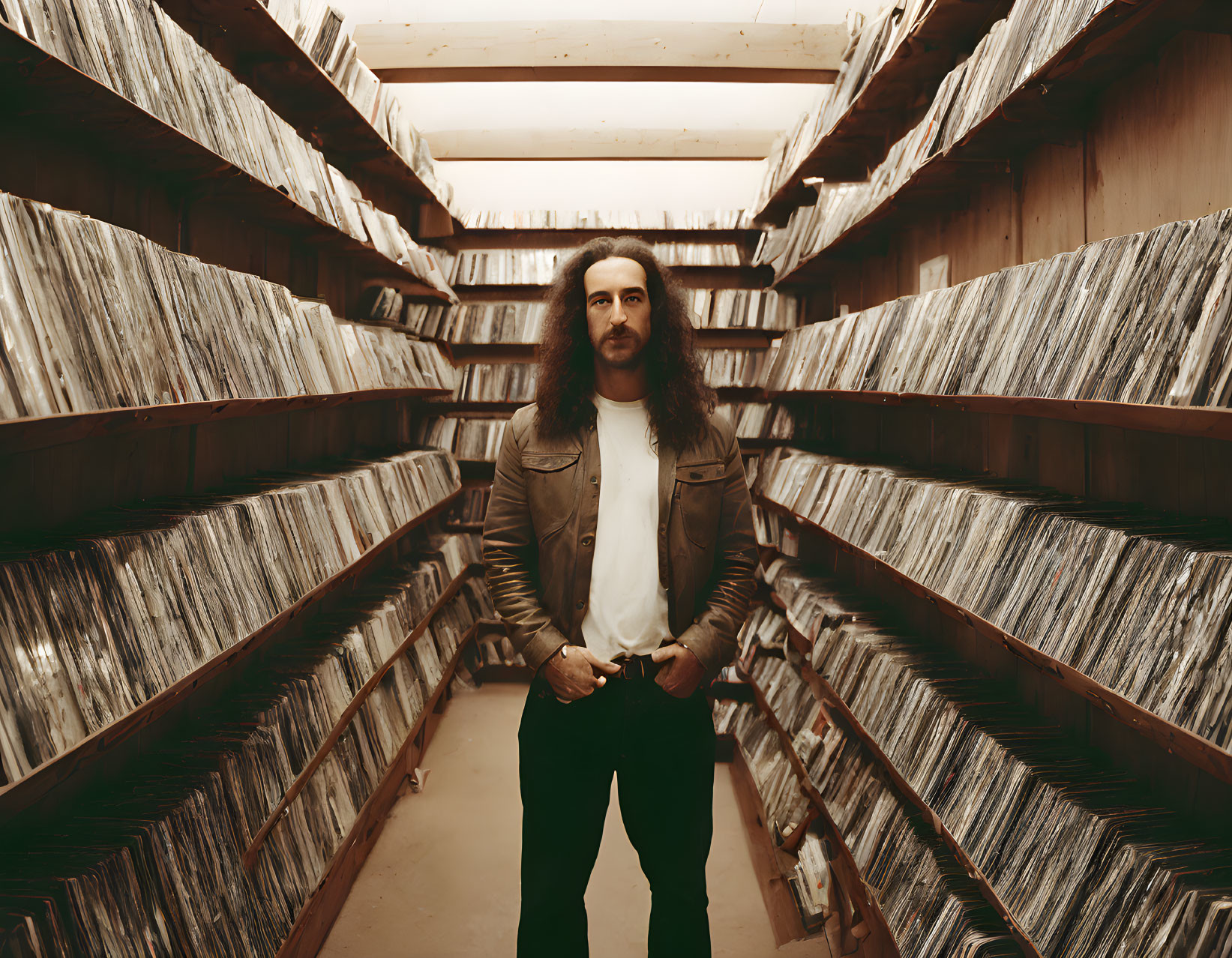 Long-haired person in room with shelves of vinyl records gazes at camera