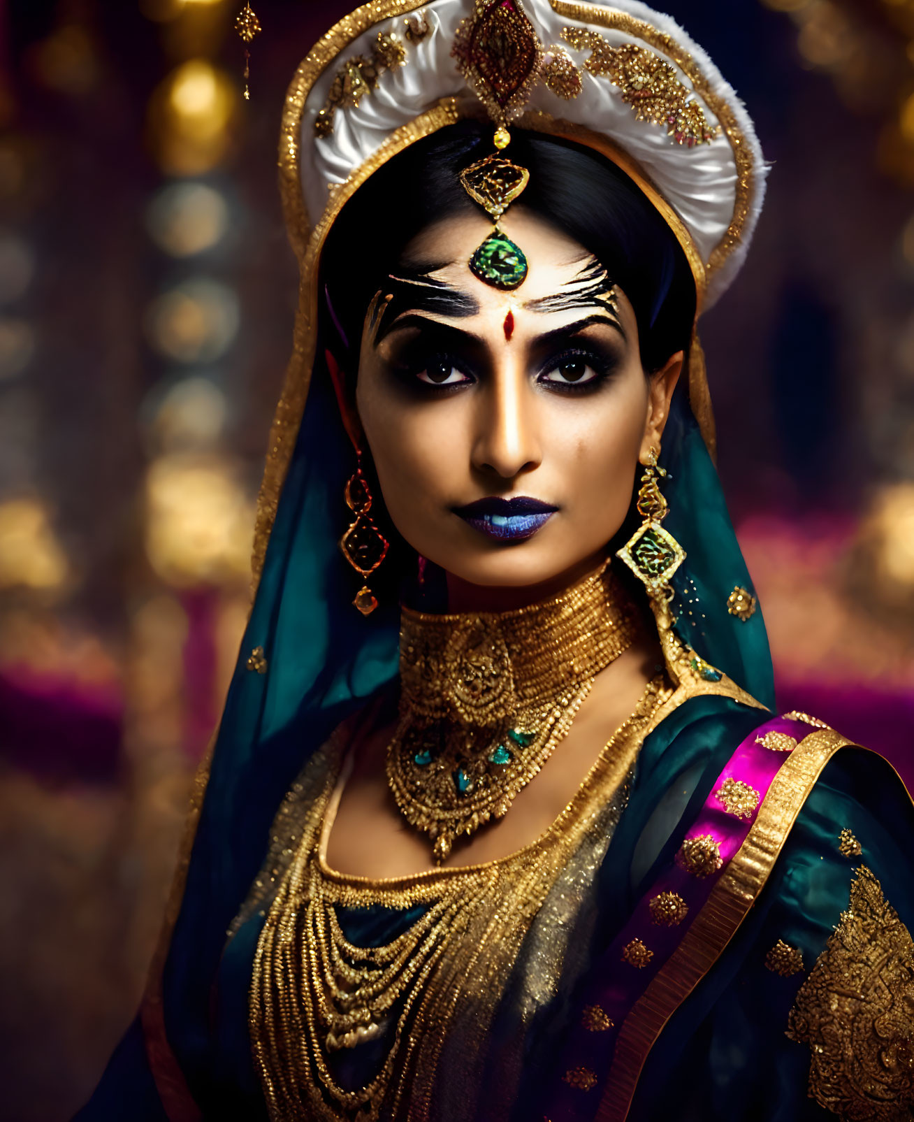 Traditional Indian Attire Woman with Gold Jewelry and Maang Tikka