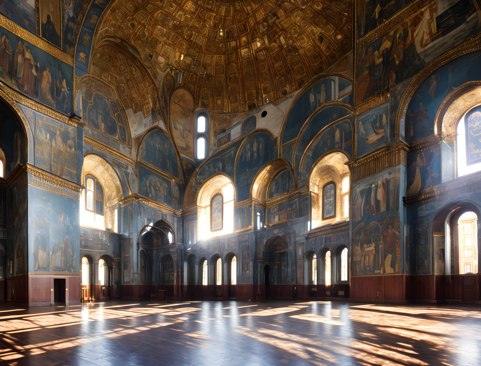 Opulent hall with golden ceilings and blue frescoes