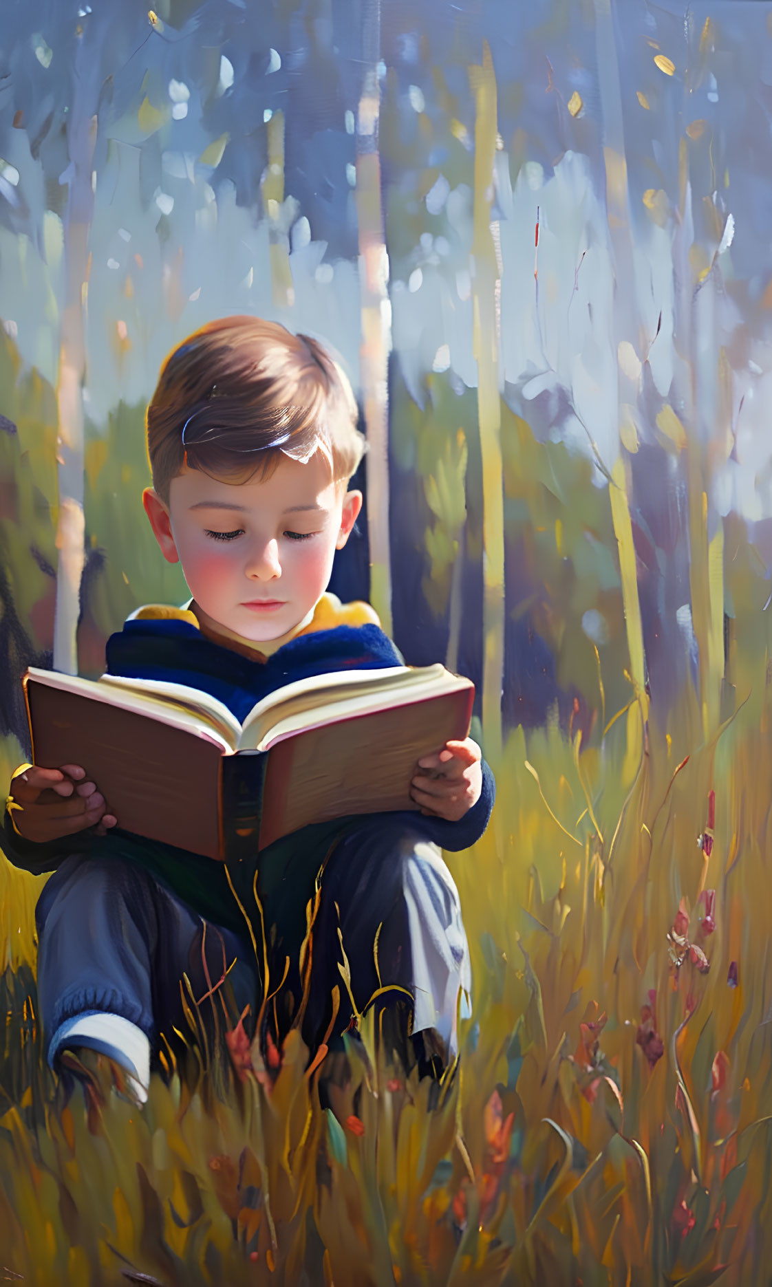 Young boy reading book in sunlit forest clearing