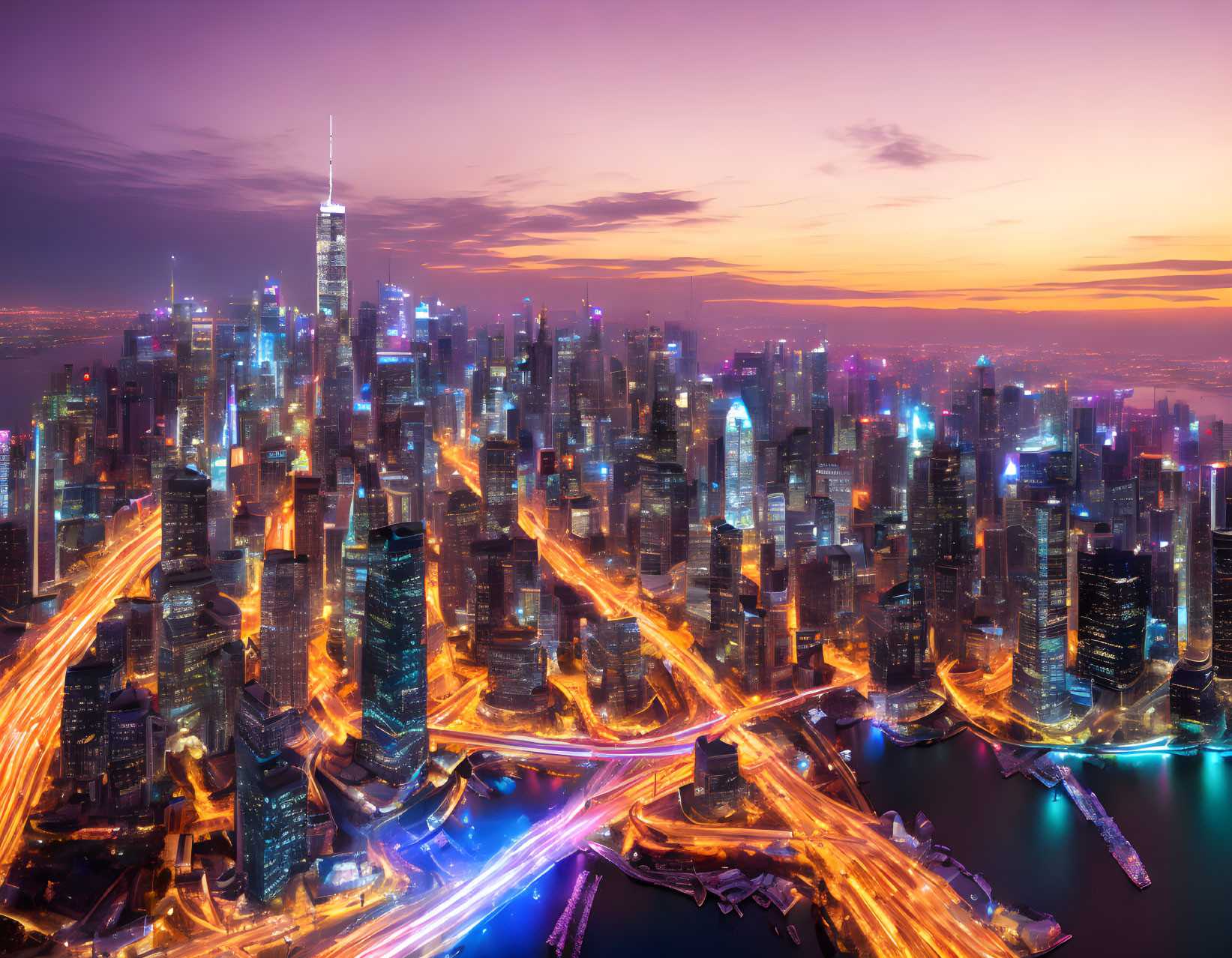 Vibrant cityscape at twilight with glowing skyscrapers and busy traffic