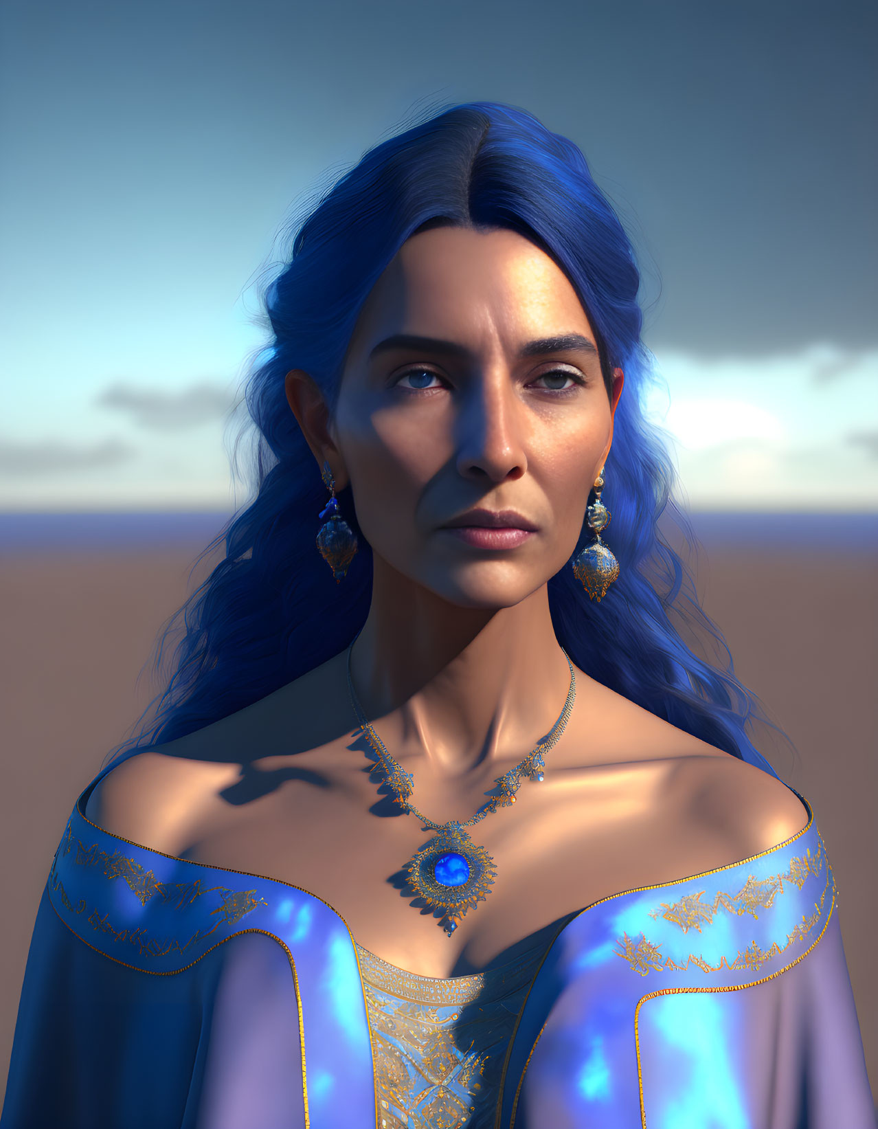 Digital portrait: Woman in blue ethnic attire with jewelry in desert.