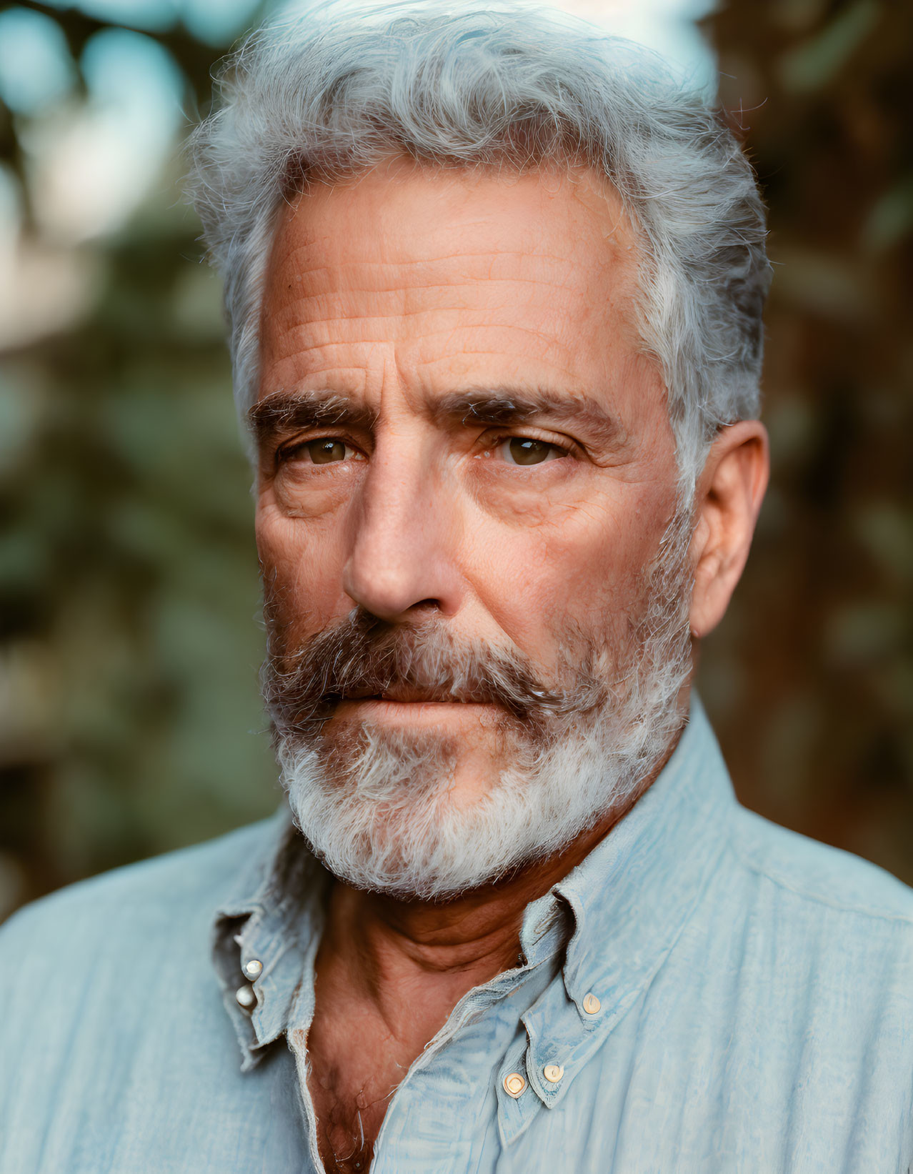 Elderly man with grey beard and serious expression in blue shirt on blurred green background