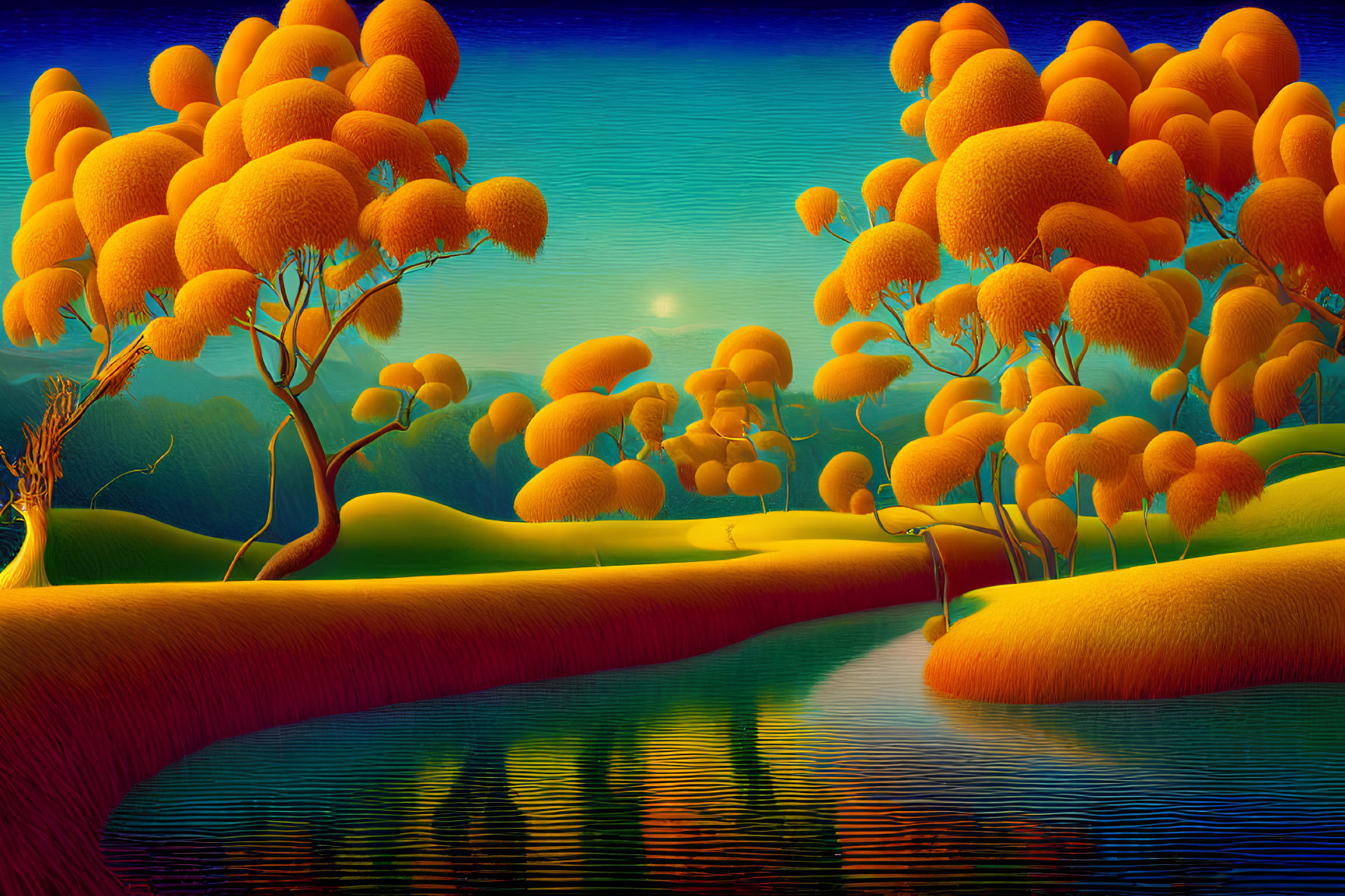 Vibrant orange trees in stylized landscape with moon and river