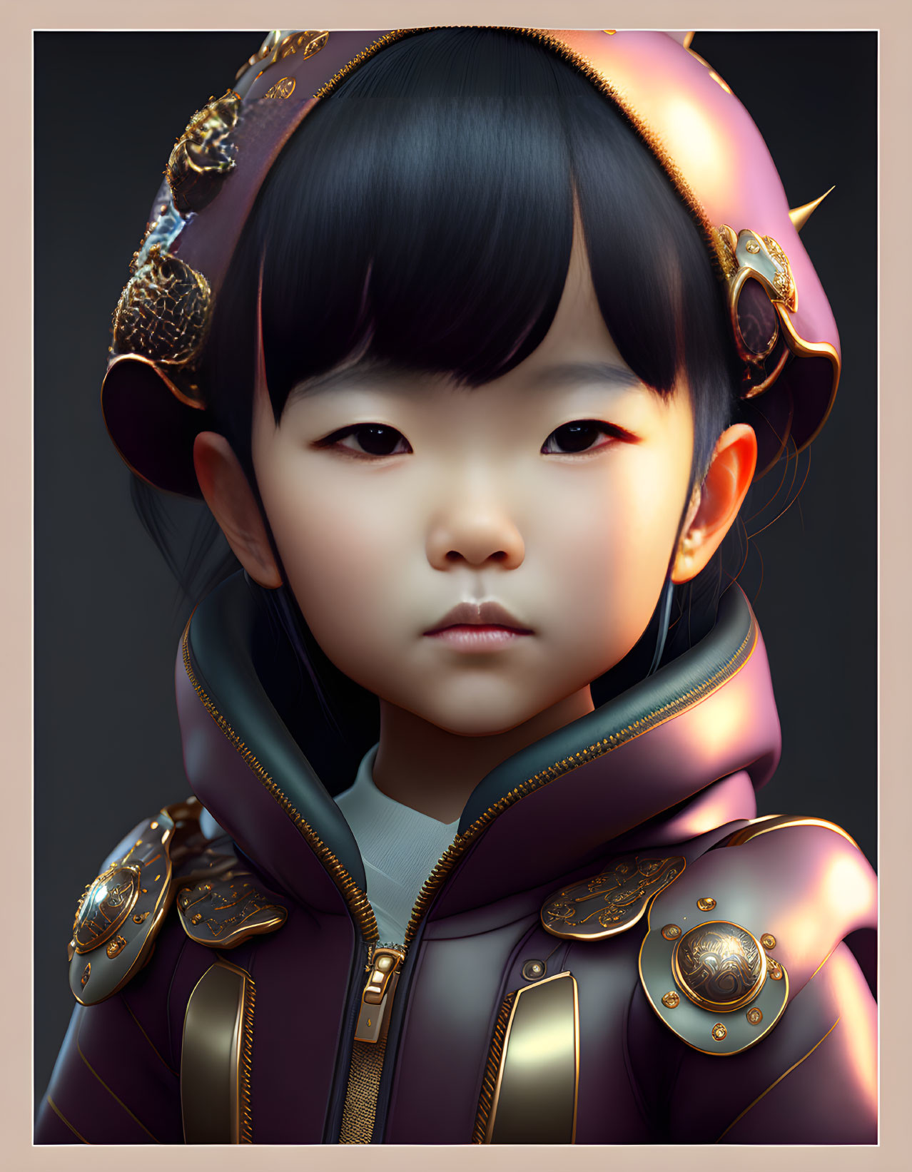 Detailed digital illustration of young child in regal armor with stylized helmet