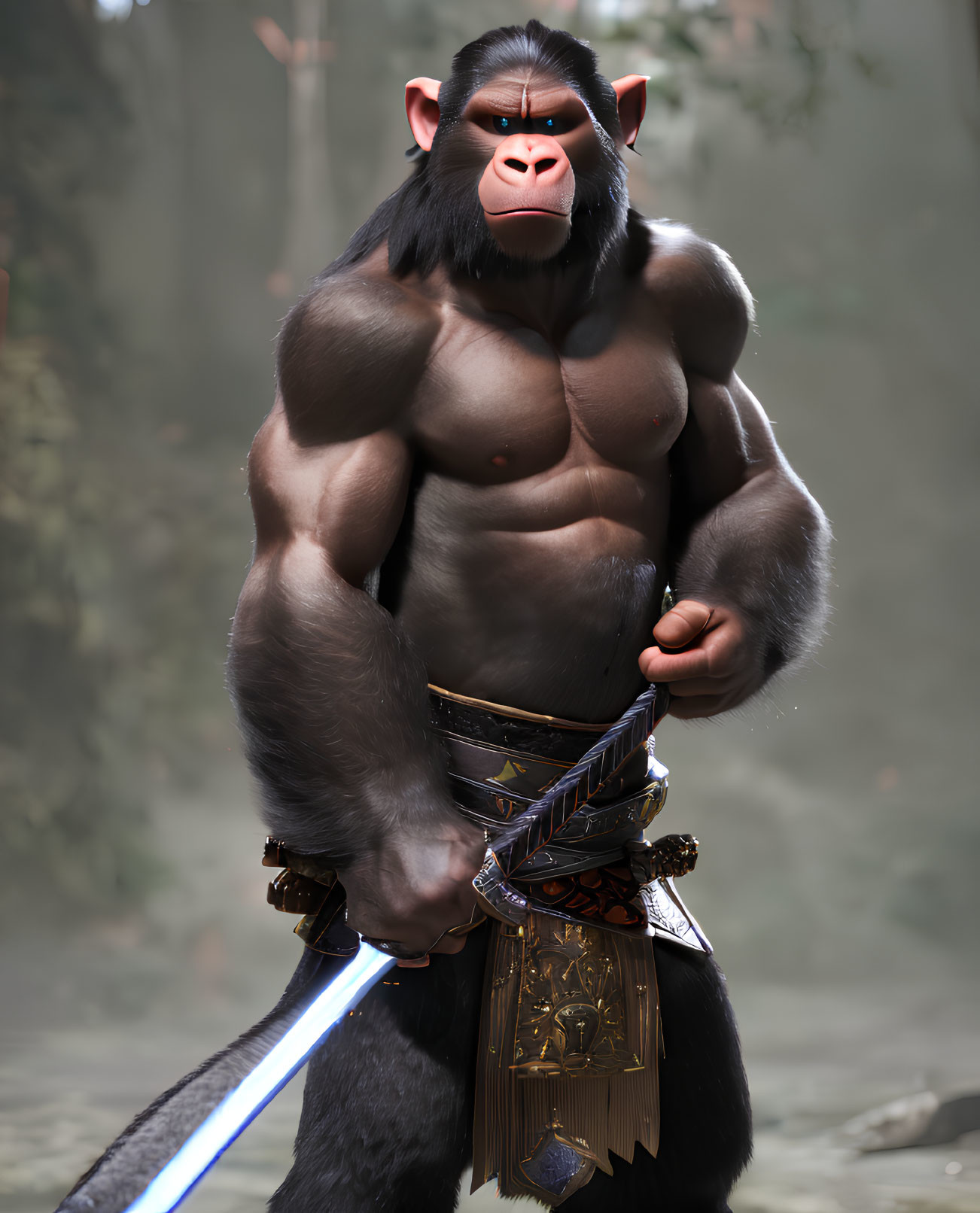 Stern gorilla with blue sword in misty forest