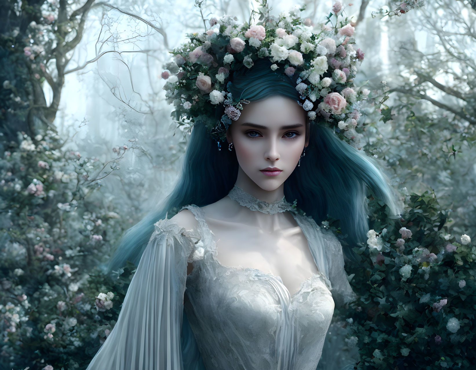 Blue-haired woman in floral crown and vintage dress in ethereal forest setting