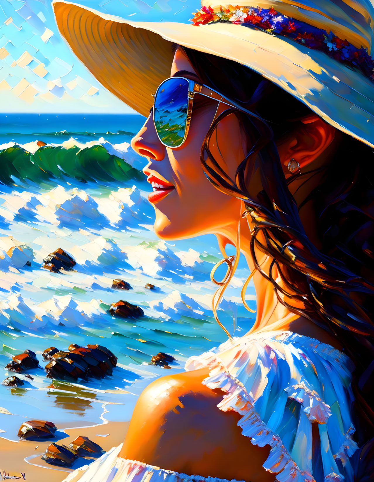 Woman in sunhat and sunglasses smiling on sunny beach with waves and rocks