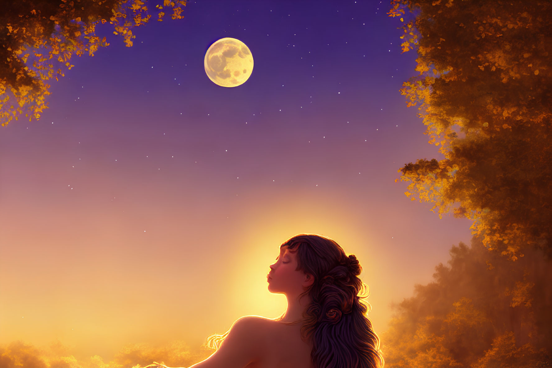 Woman admiring full moon in starry sky with golden-leafed trees.