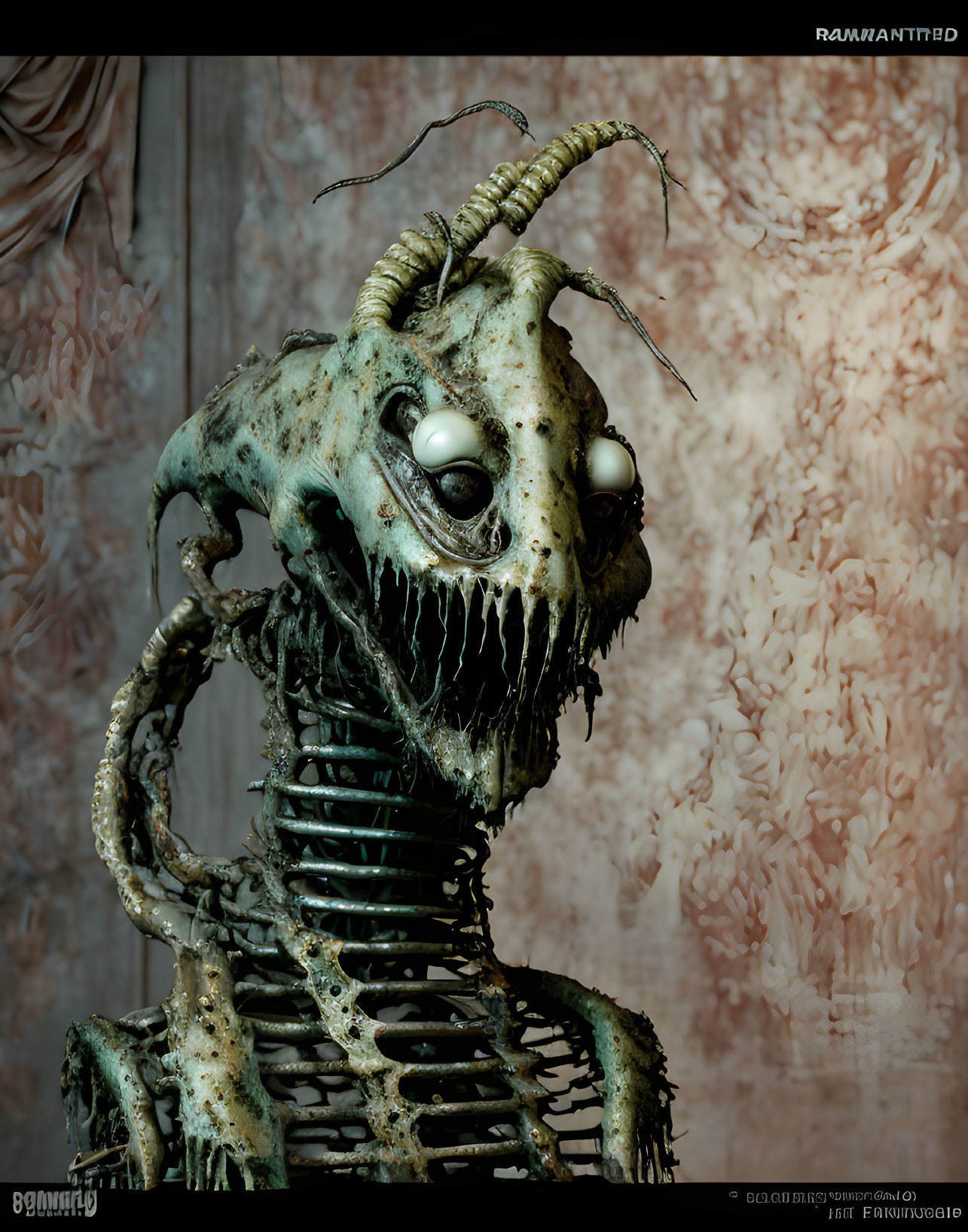 Skeletal creature with large eyes and horned spine on textured backdrop