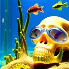 Submerged human skull with goggles, fish, and aquatic plants.