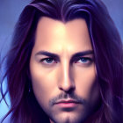 Portrait of man with medium-length dark hair, slight beard, intense eyes on violet gradient.