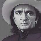 Man in white cowboy hat with solemn expression in digital artwork