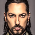 Intense man with dark hair and leather jacket portrait