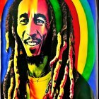 Colorful portrait with smiling person and dreadlocks against rainbow circles