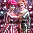 Two individuals with pink retro hairstyles and avant-garde makeup in metallic dresses with ruffled collars amidst