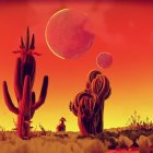 Sci-fi desert landscape with towering rocks under stormy red sky