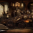 Vintage steampunk train station with ornate details and billowing steam under windowed roof