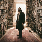 Person in Old-Fashioned Room with Towering Bookshelves