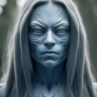 Blue-patterned humanoid with silver hair in natural setting